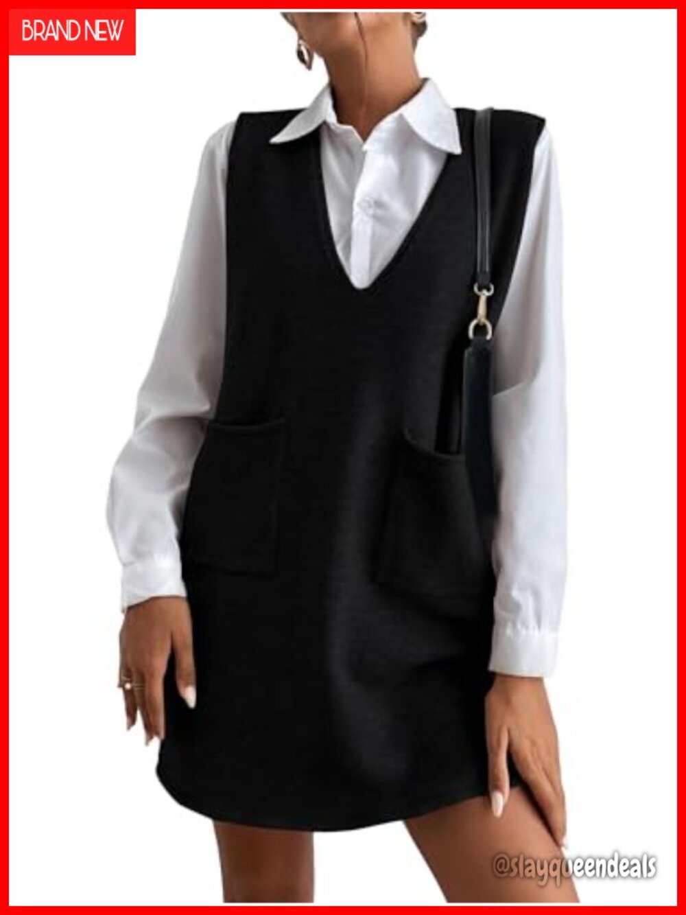 Sleeveless Sweater Vest Dress V Neck with Pockets Knit